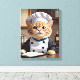 Schattigee Oranje Tabby Cat Chef Koken Illustratie Canvas Afdruk
