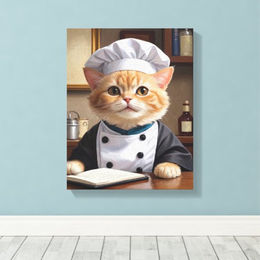 Schattigee Oranje Tabby Cat Chef Koken Illustratie Canvas Afdruk (Insitu (Houten vloer))