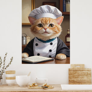 Schattigee Oranje Tabby Cat Chef Koken Illustratie Poster