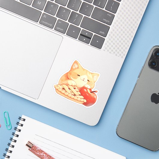 Schattigee Oranje Tabby Cat en Apple Pie Sticker (Laptop met iPhone)