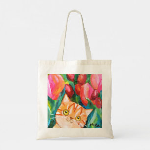 Schattigee Oranje Tabby Cat met Kleurrijke Tulpen Tote Bag