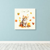Schattigee Oranje Tabby Kitten in herfstbladeren Canvas Afdruk (Insitu (Houten vloer))