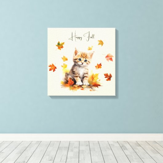 Schattigee Oranje Tabby Kitten in herfstbladeren Canvas Afdruk (Insitu (Houten vloer))