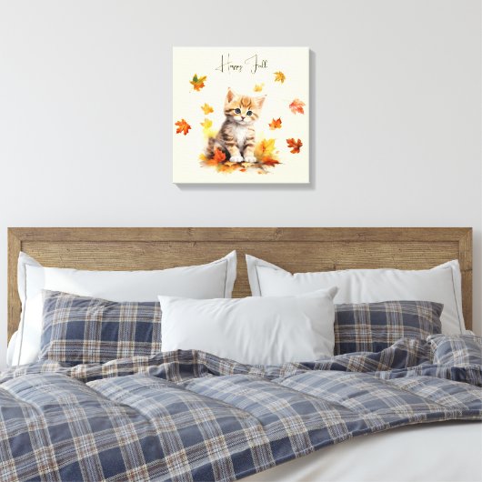 Schattigee Oranje Tabby Kitten in herfstbladeren Canvas Afdruk (Insitu (Slaapkamer))