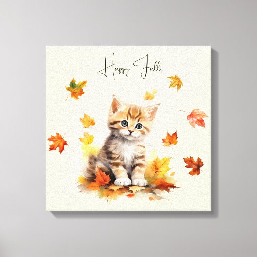 Schattigee Oranje Tabby Kitten in herfstbladeren Canvas Afdruk (Voorkant)