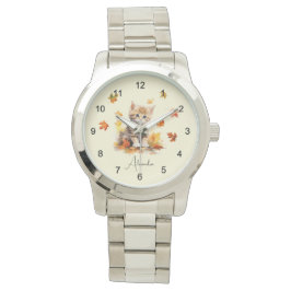 Schattigee Oranje Tabby Kitten in herfstbladeren Horloge