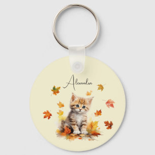 Schattigee Oranje Tabby Kitten in herfstbladeren Sleutelhanger