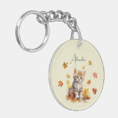 Schattigee Oranje Tabby Kitten in herfstbladeren Sleutelhanger (Voorkant Links)