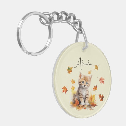 Schattigee Oranje Tabby Kitten in herfstbladeren Sleutelhanger (Voorkant Links)