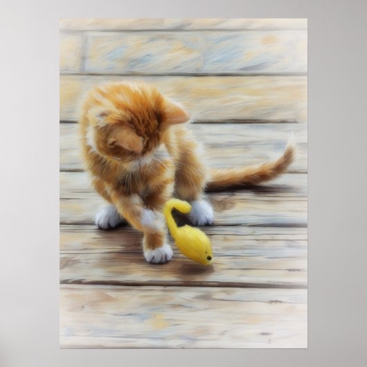 Schattigee Oranje Tabby Kitten Muis Play Art Poste Poster (Voorkant)