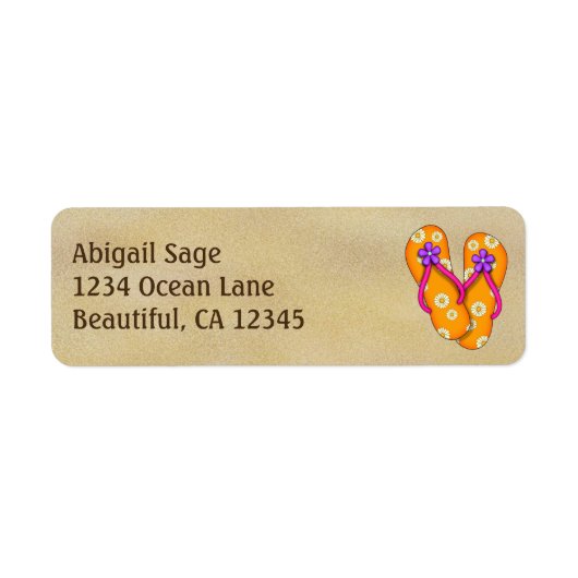 Schattigee Oranje Teenslippers op Sand Beach Adres Etiket (Voorkant)