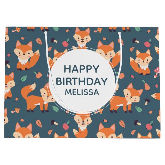 Schattigee Oranje vos dierlijk patroontje verjaard Groot Cadeauzakje (Voorkant)