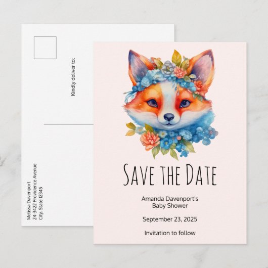 Schattigee Oranje vos met bloemenkroon Aankondigingskaart (Voorkant / Achterkant)