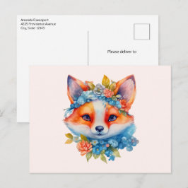 Schattigee Oranje vos met bloemenkroon Briefkaart