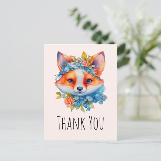 Schattigee Oranje vos met bloemenkroon Dank u Briefkaart (Staand voorkant)