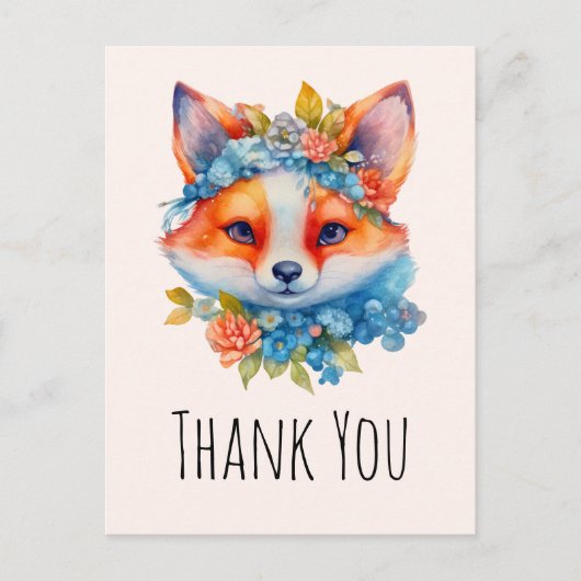 Schattigee Oranje vos met bloemenkroon Dank u Briefkaart (Voorkant)