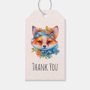 Schattigee Oranje vos met bloemenkroon Dank u Cadeaulabel