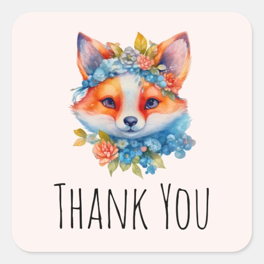 Schattigee Oranje vos met bloemenkroon Dank u Vierkante Sticker (Voorkant)