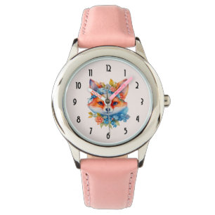 Schattigee Oranje vos met bloemenkroon Horloge