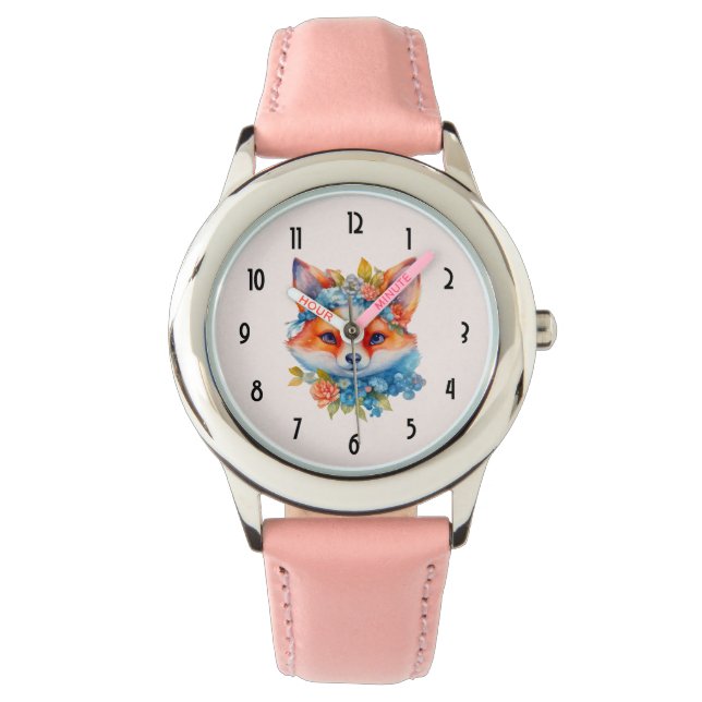 Schattigee Oranje vos met bloemenkroon Horloge (Voorkant)