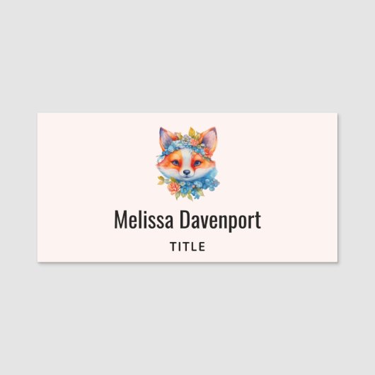 Schattigee Oranje vos met bloemenkroon Naamplaatje (Voorkant)