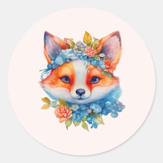 Schattigee Oranje vos met bloemenkroon Ronde Sticker (Voorkant)