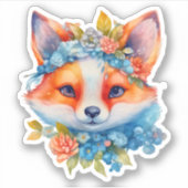 Schattigee Oranje vos met bloemenkroon Sticker (Voorkant)