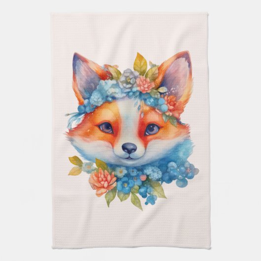 Schattigee Oranje vos met bloemenkroon Theedoek (Verticaal)