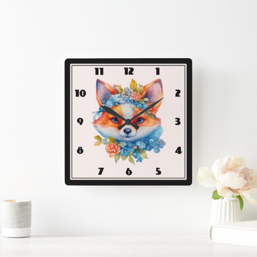 Schattigee Oranje vos met bloemenkroon Vierkante Klok (Huis)
