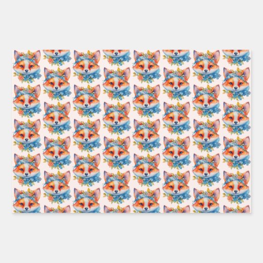 Schattigee Oranje vos met bloemkroonpatroon Inpakpapier Vel (Voorkant 3)