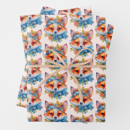 Schattigee Oranje vos met bloemkroonpatroon Inpakpapier Vel (In situ)