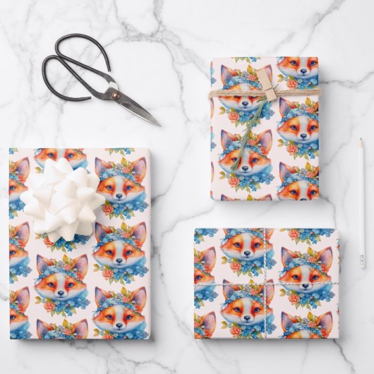 Schattigee Oranje vos met bloemkroonpatroon Inpakpapier Vel (Voorkant)