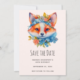 Schattigee Oranje vos met Floral Crown Verjaardag Save The Date
