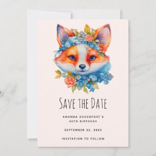 Schattigee Oranje vos met Floral Crown Verjaardag Save The Date