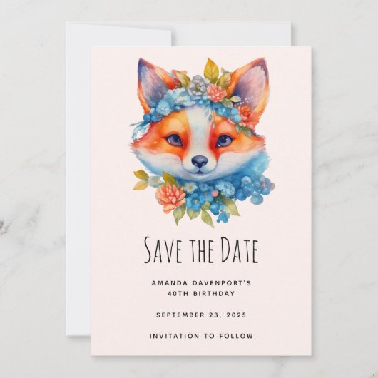 Schattigee Oranje vos met Floral Crown Verjaardag Save The Date (Voorkant)