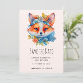 Schattigee Oranje vos met Floral Crown Verjaardag Save The Date (Staand voorkant)