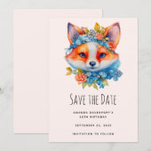 Schattigee Oranje vos met Floral Crown Verjaardag Save The Date (Voorkant / Achterkant)