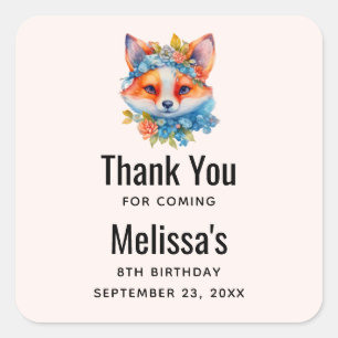 Schattigee Oranje vos met Floral Crown Verjaardag Vierkante Sticker