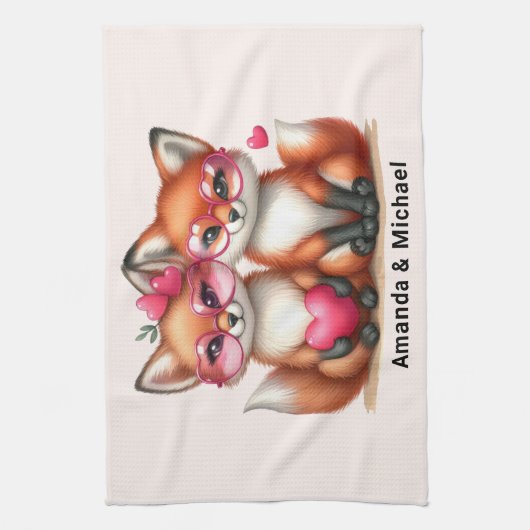 Schattigee Oranje vossen in de liefde Theedoek (Verticaal)