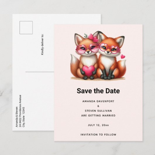 Schattigee Oranje vossen in Love Wedding Aankondigingskaart (Voorkant / Achterkant)