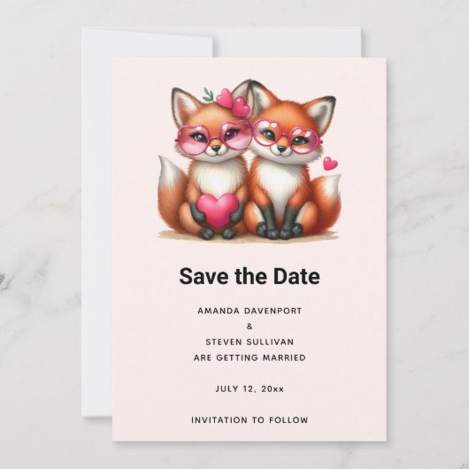 Schattigee Oranje vossen in Love Wedding Save The Date (Voorkant)