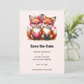 Schattigee Oranje vossen in Love Wedding Save The Date (Staand voorkant)