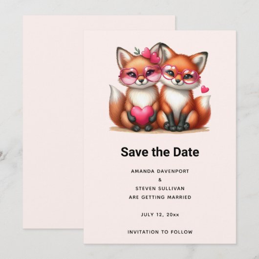 Schattigee Oranje vossen in Love Wedding Save The Date (Voorkant / Achterkant)