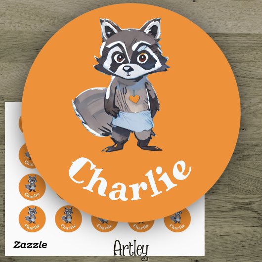Schattigee Oranje Wasbeer Doodle Art Naam Label