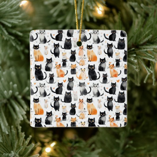 Schattigee Oranje Witte Zwarte Katten Kerst Keramisch Ornament (Boom)
