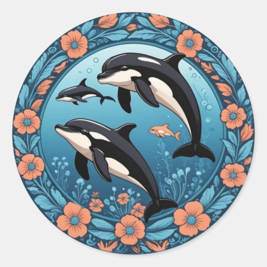 Schattigee Orca Pod Zwemmen met Bloemen Sticker (Voorkant)