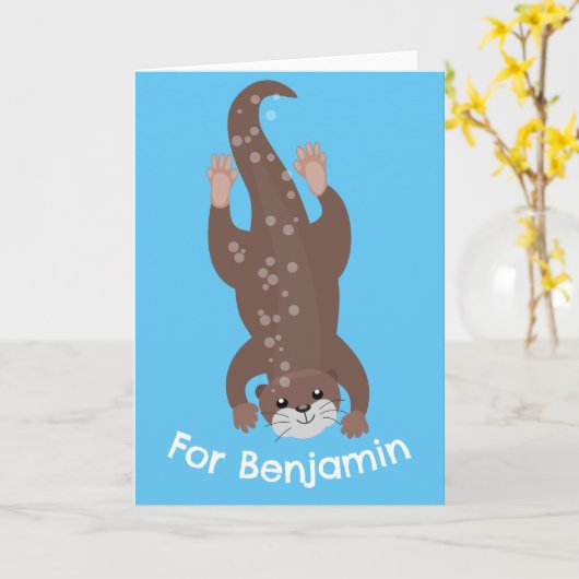 Schattigee otter gepersonaliseerde cartoon verjaar kaart (Gele Bloem)