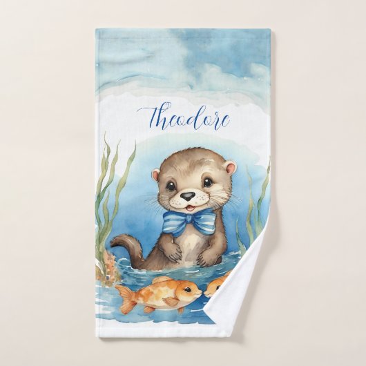 Schattigee otter gepersonaliseerde jongen bad handdoek (Handdoek)