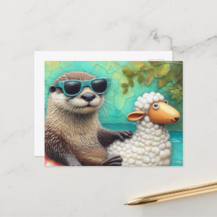 Schattigee otter in een drijvend schaap drijvend o briefkaart