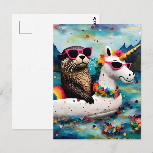 Schattigee Otter in een Eenhoorn Floatie op een Fl Briefkaart (Voorkant / Achterkant)